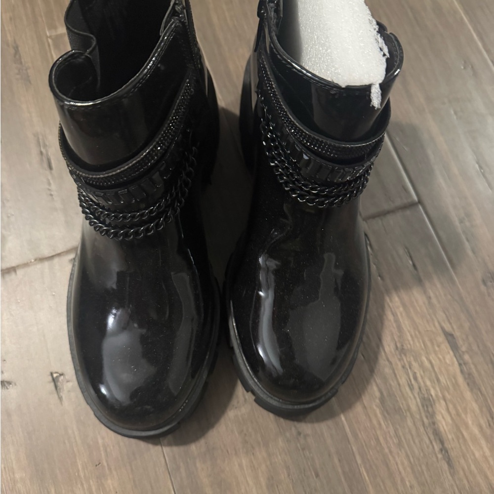 Torrid Black Patent Leather Ankle Boots with Chain Accent